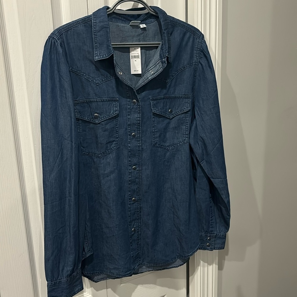 Gap denim dark blue puff sleeve denim shirt